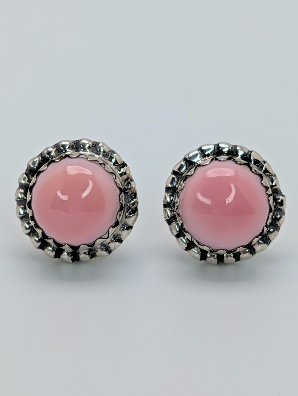 Pink Conch S925 Sterling Silver Gemstone Round Stud Earrings